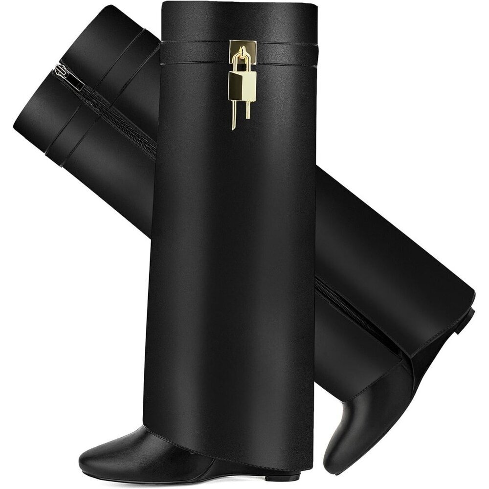 Women's Black Suede Pointy Fold Over Wedge Knee Side Zipper Padlock Boot Heel